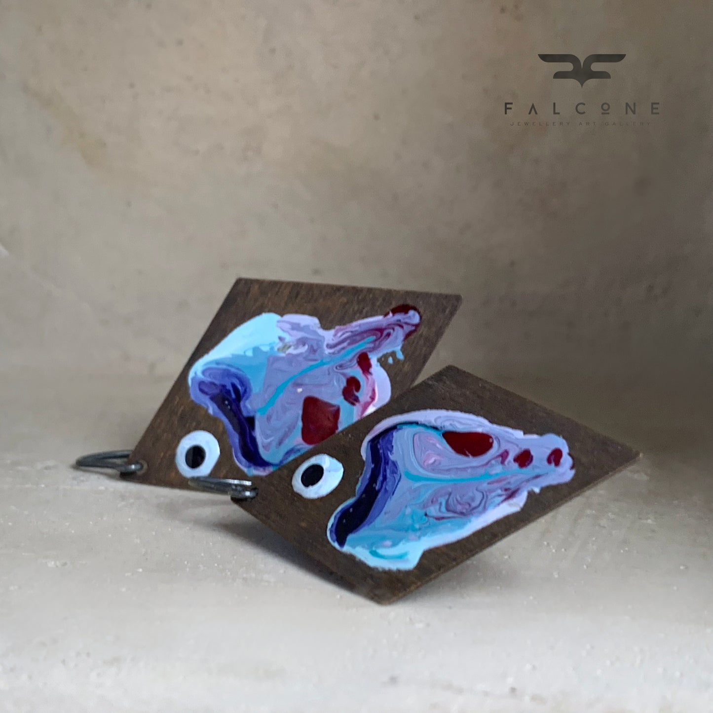 Brass and Sterling Silver Earrings 'Big Fish - Blue With Ruby Accent'