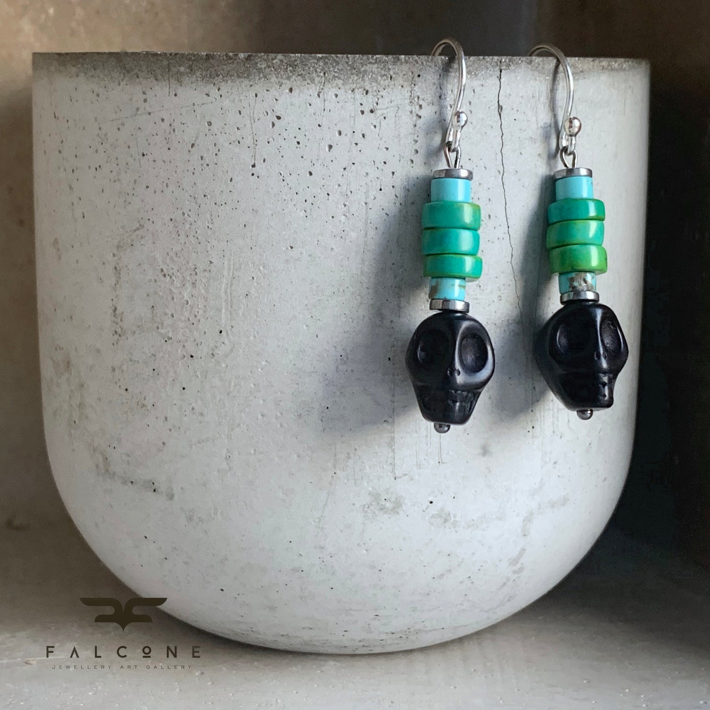 Silver Earrings with Carved Howlite, Turquoise Discs, and Silver 'Totem'