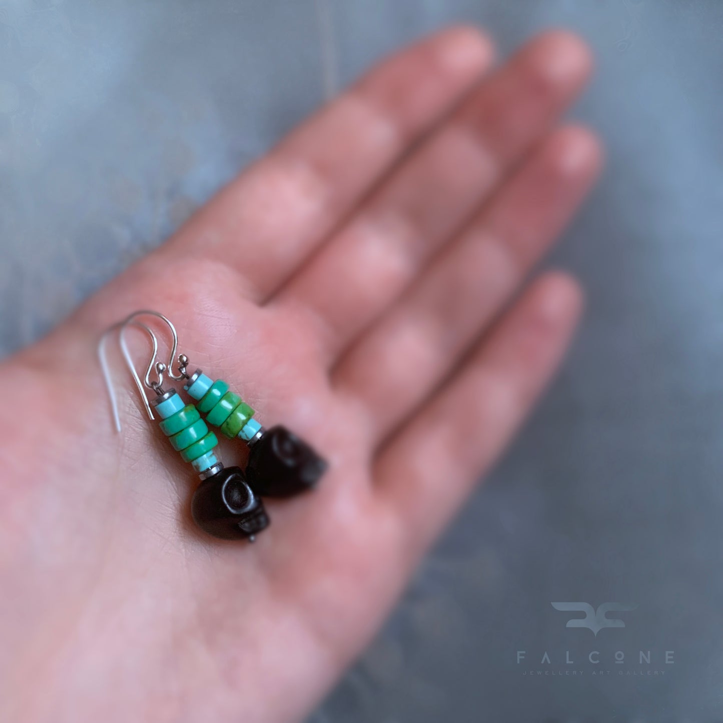 Silver Earrings with Carved Howlite, Turquoise Discs, and Silver 'Totem'