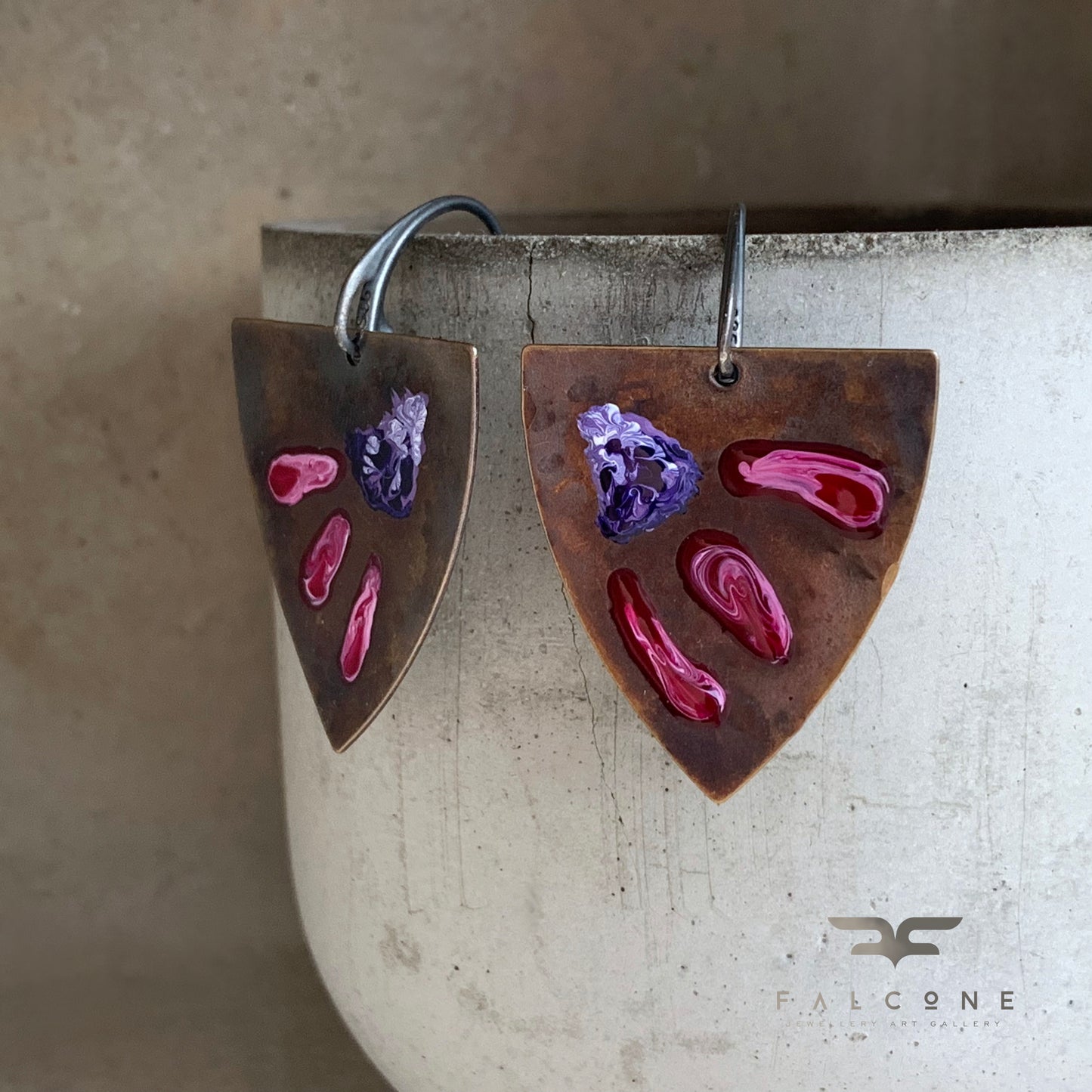 Brass and Sterling Silver Earrings 'Triangle with Exotic Flowers - Ruby & Purple'