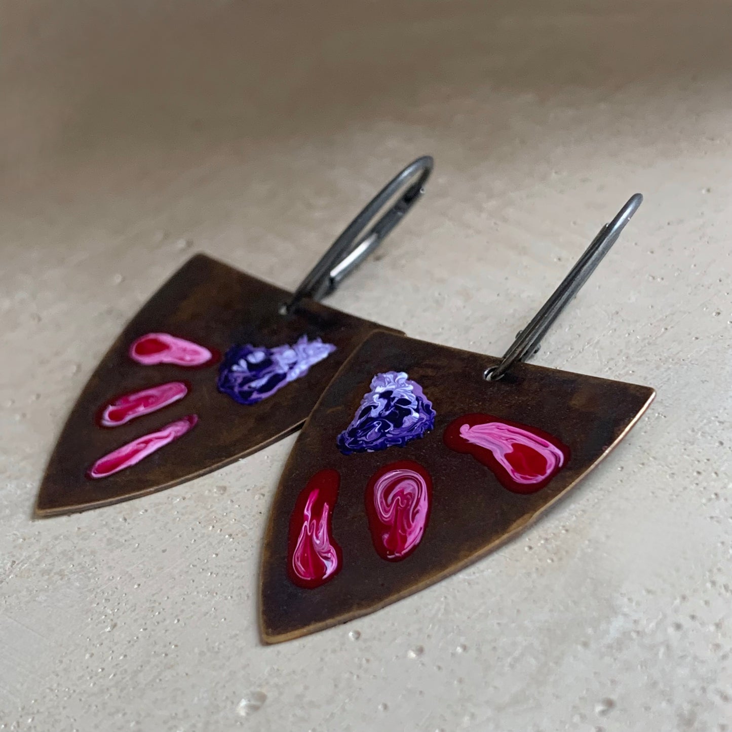 Brass and Sterling Silver Earrings 'Triangle with Exotic Flowers - Ruby & Purple'