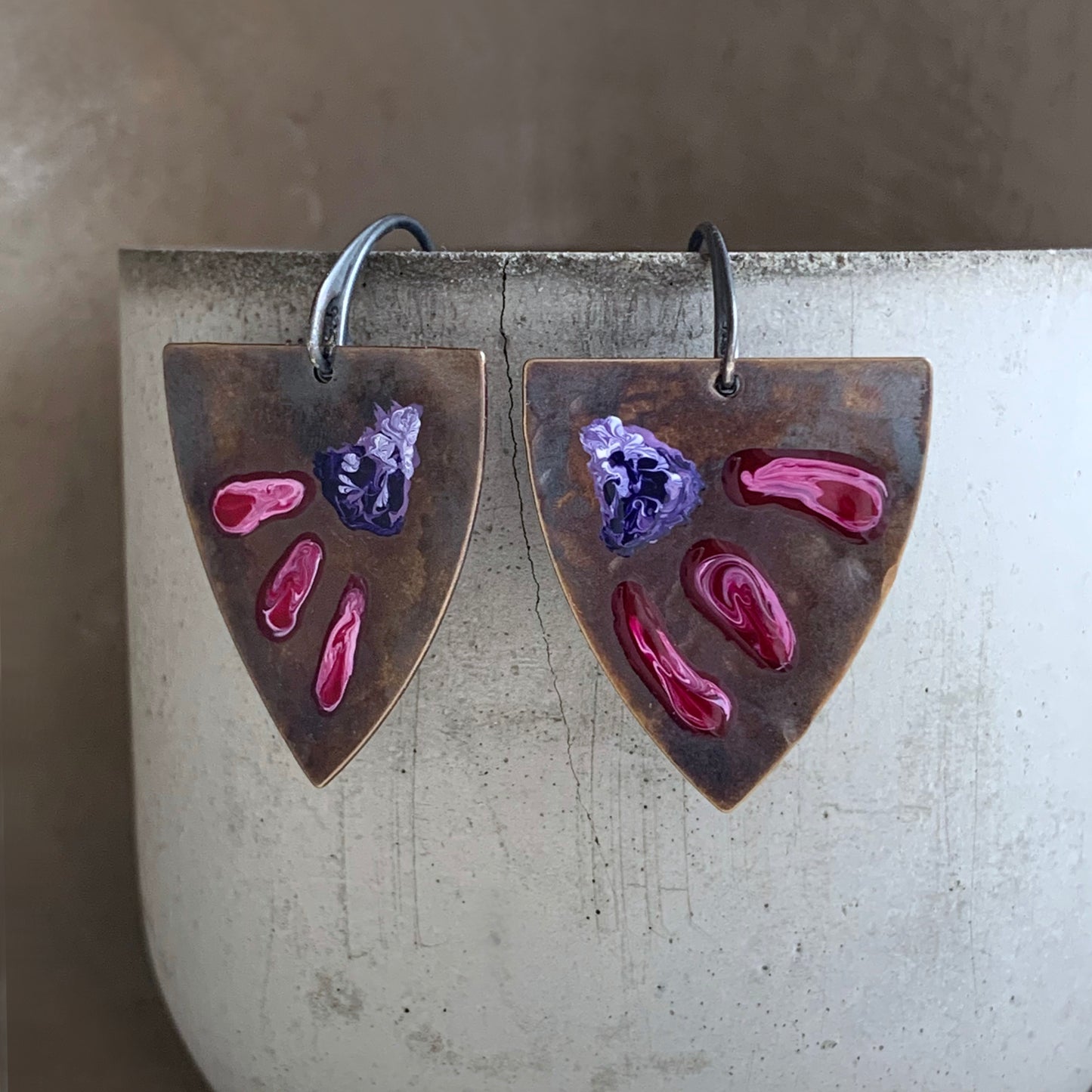 Brass and Sterling Silver Earrings 'Triangle with Exotic Flowers - Ruby & Purple'