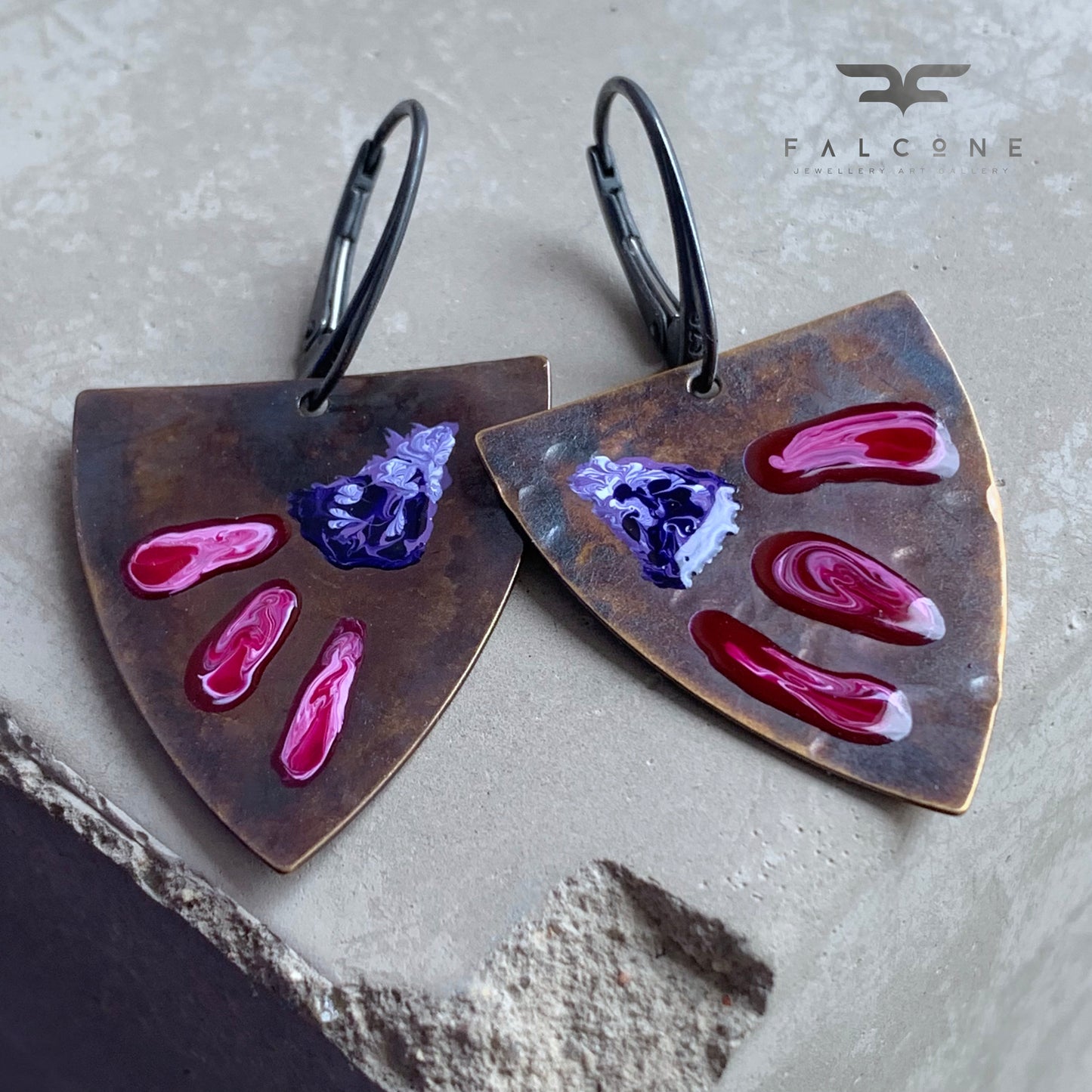 Brass and Sterling Silver Earrings 'Triangle with Exotic Flowers - Ruby & Purple'