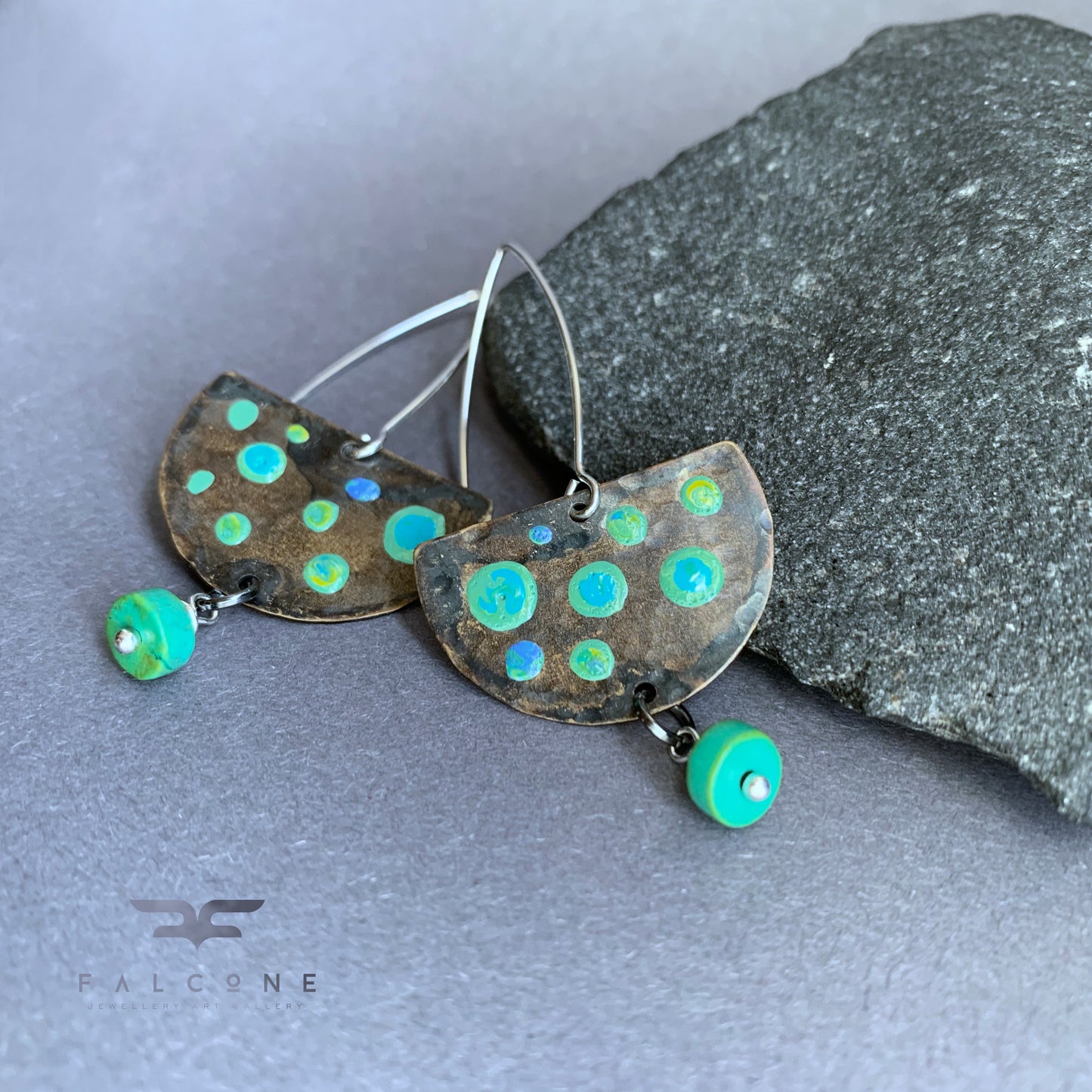 Brass, Natural Turquoise, and Silver Earrings 'Turquoise Dots'