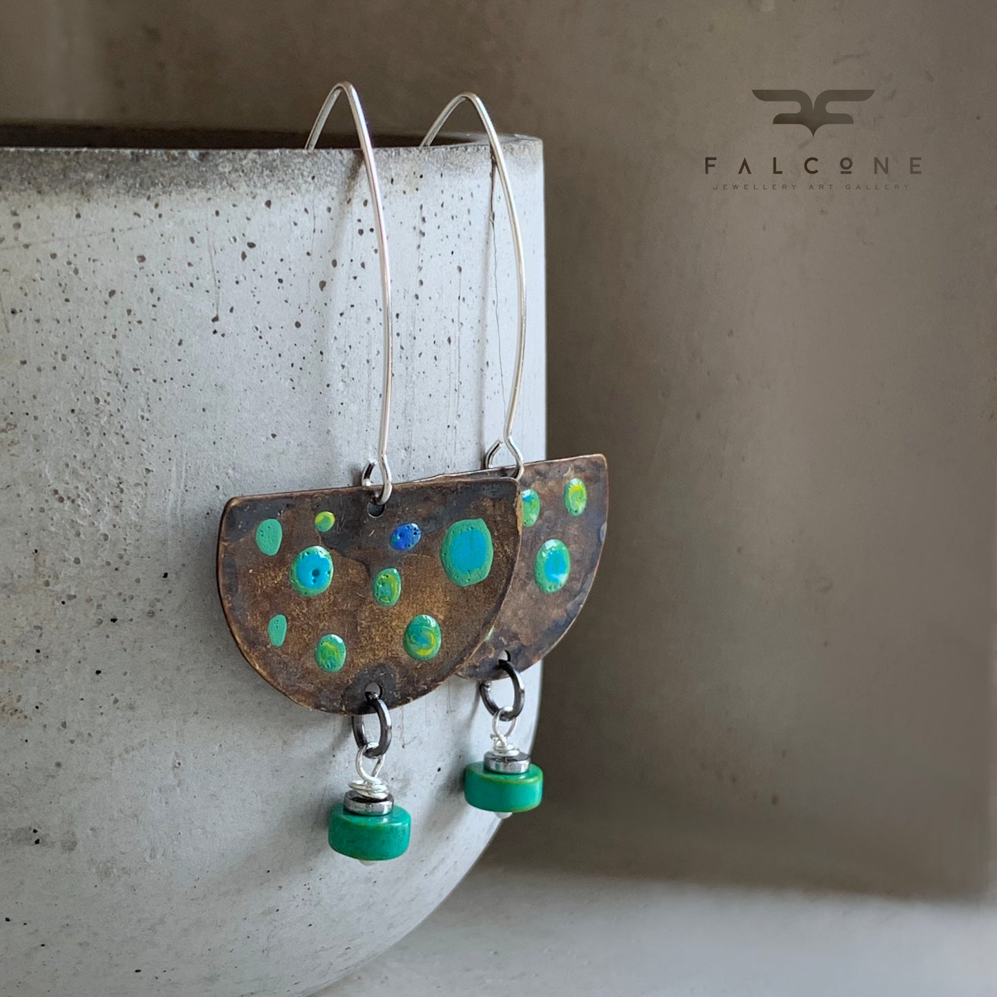 Brass, Natural Turquoise, and Silver Earrings 'Turquoise Dots'