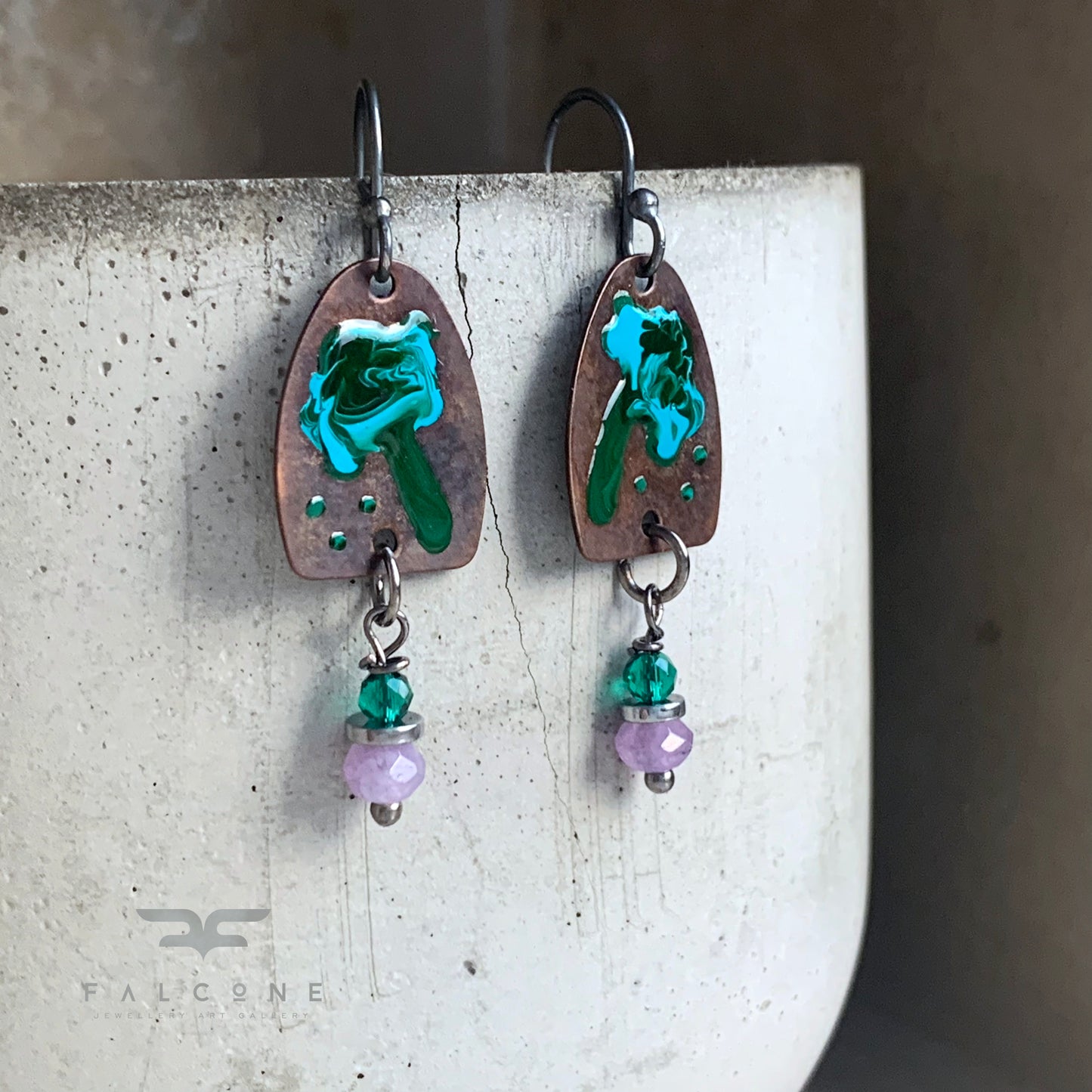 Brass, Silver, and Jade Earrings 'Wild Flowers. Turquoise & Light Purple'