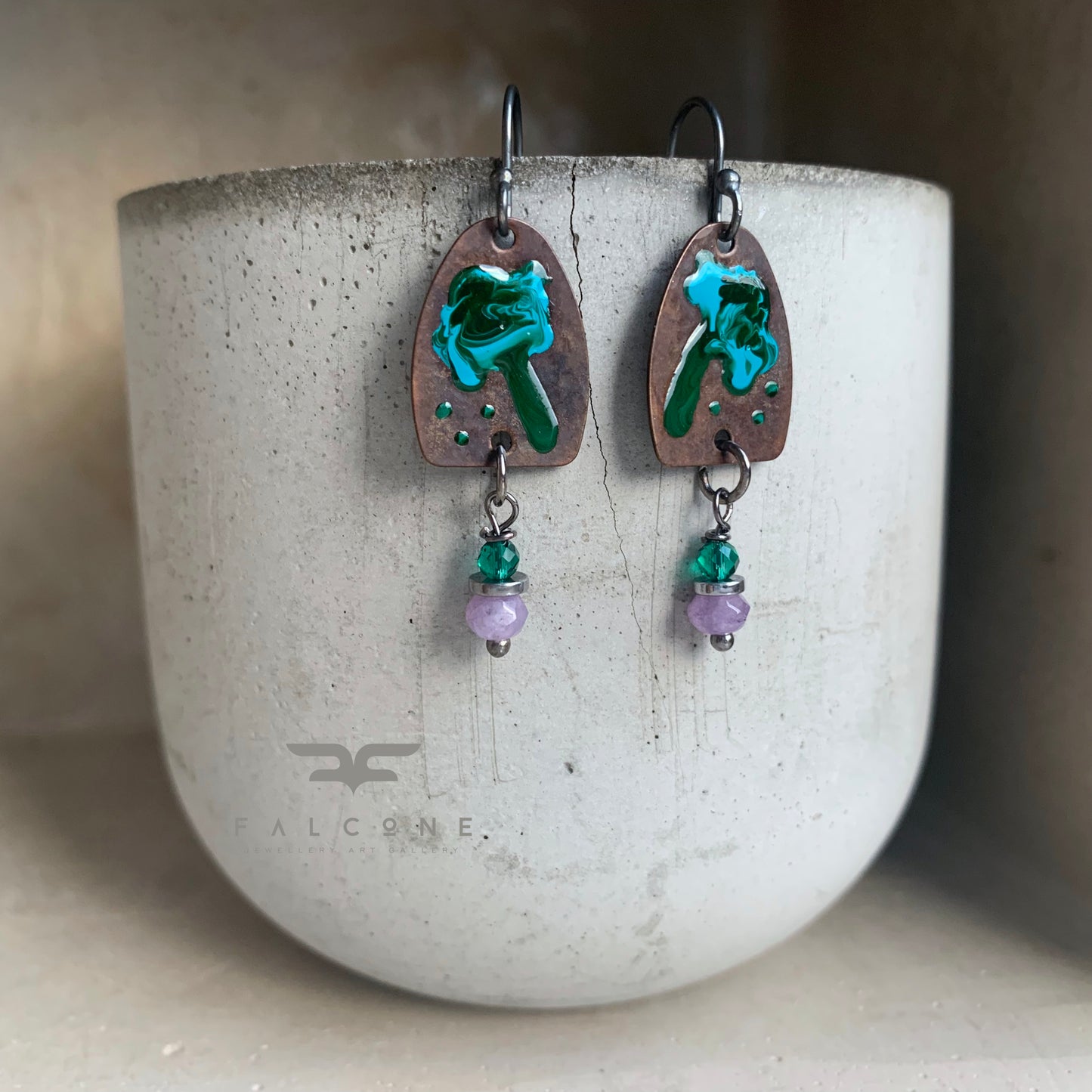 Brass, Silver, and Jade Earrings 'Wild Flowers. Turquoise & Light Purple'