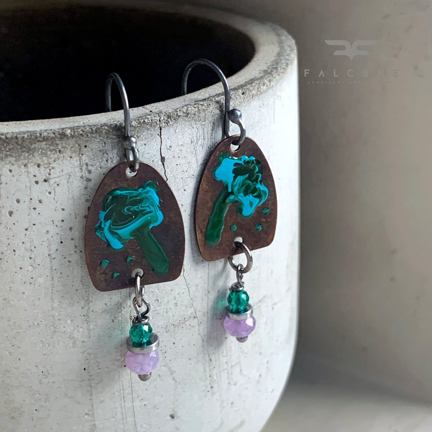 Brass, Silver, and Jade Earrings 'Wild Flowers. Turquoise & Light Purple'