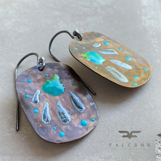 Brass and Sterling Silver Earrings 'Geometric Flower - Turquoise & Ash'