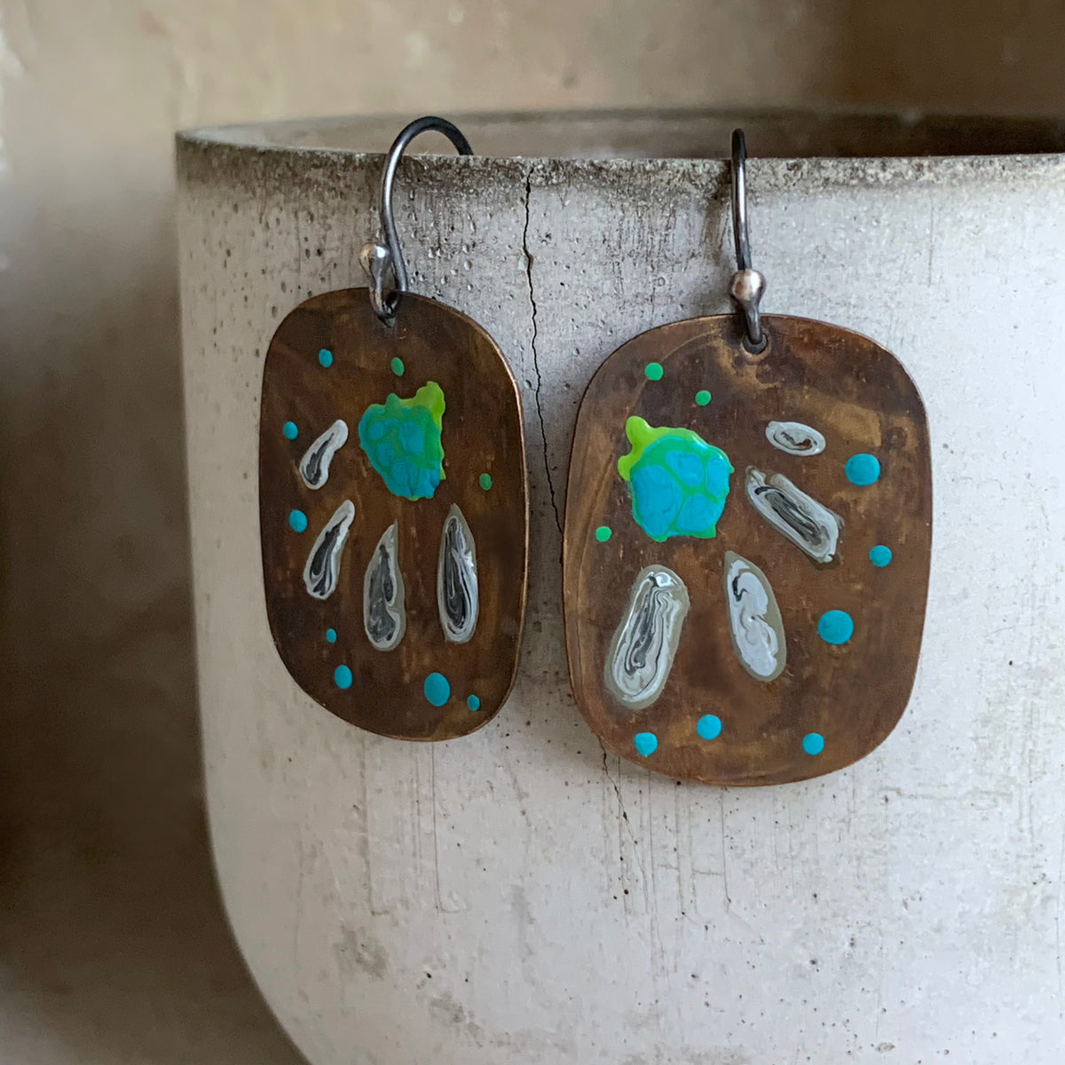 Brass and Sterling Silver Earrings 'Geometric Flower - Turquoise & Ash'