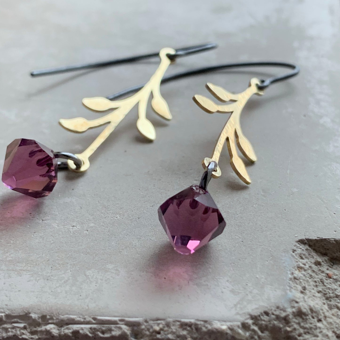 Brass, Sterling Silver and Swarovski Crystal Earrings 'Urban Rose - Purple'
