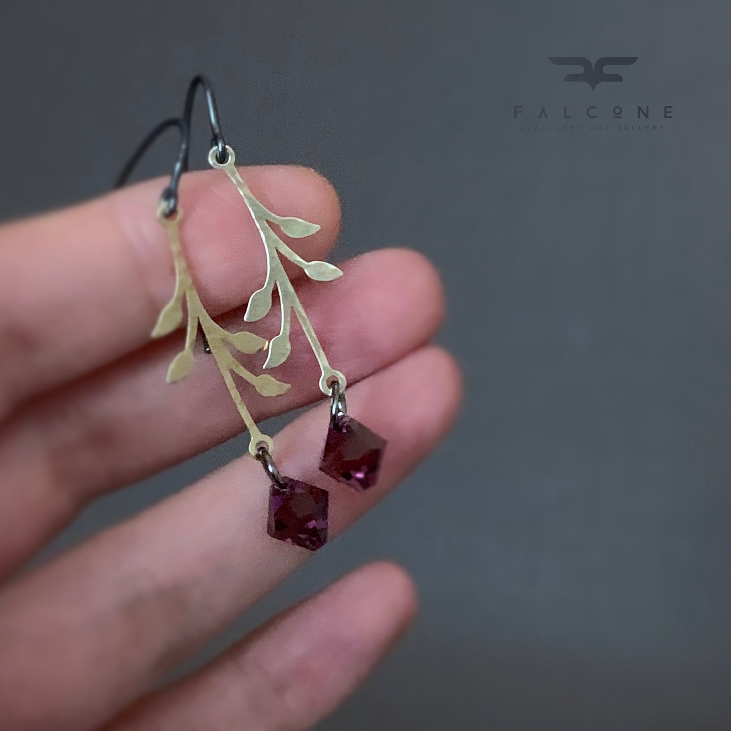 Brass, Sterling Silver and Swarovski Crystal Earrings 'Urban Rose - Purple'