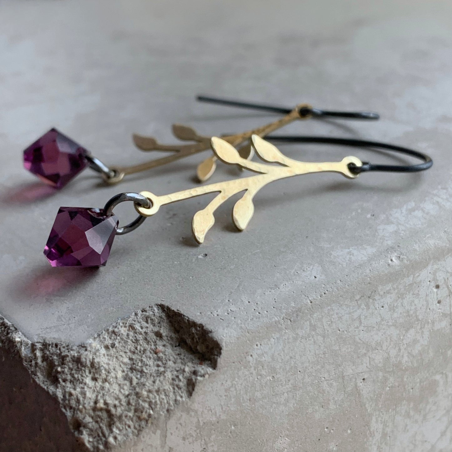 Brass, Sterling Silver and Swarovski Crystal Earrings 'Urban Rose - Purple'