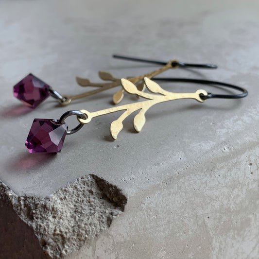 Brass, Sterling Silver and Swarovski Crystal Earrings 'Urban Rose - Purple'