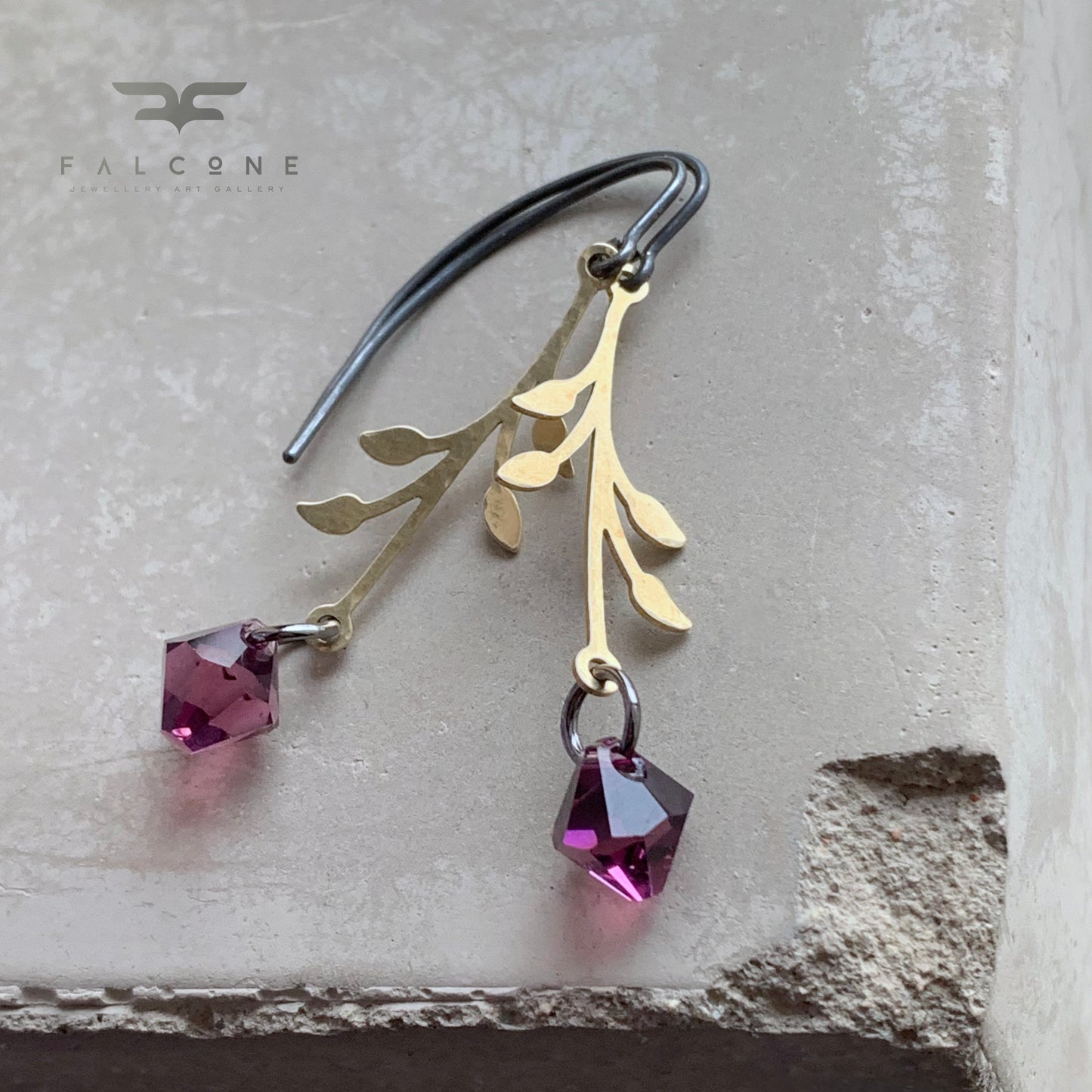 Brass, Sterling Silver and Swarovski Crystal Earrings 'Urban Rose - Purple'