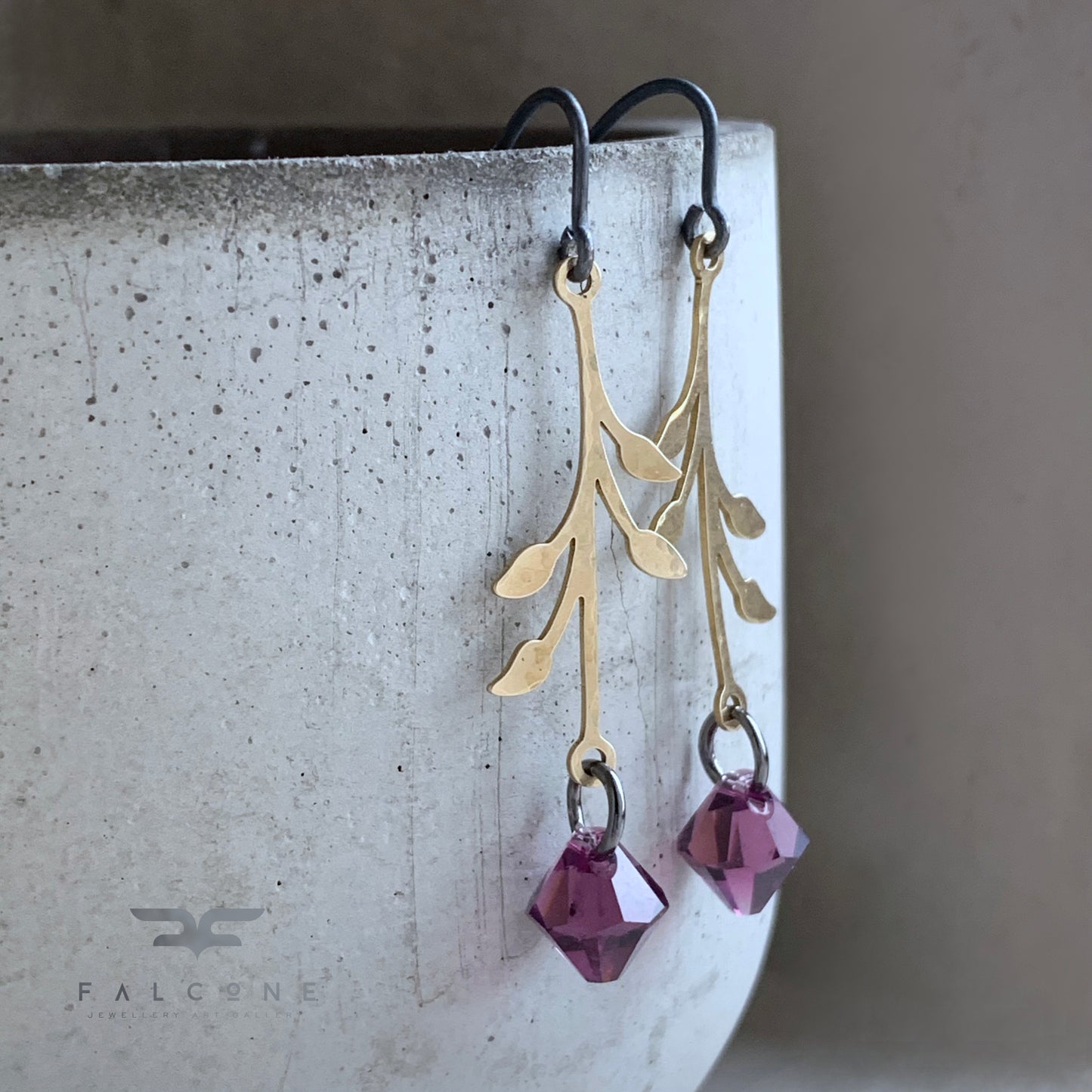 Brass, Sterling Silver and Swarovski Crystal Earrings 'Urban Rose - Purple'