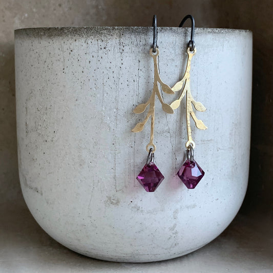 Brass, Sterling Silver and Swarovski Crystal Earrings 'Urban Rose - Purple'