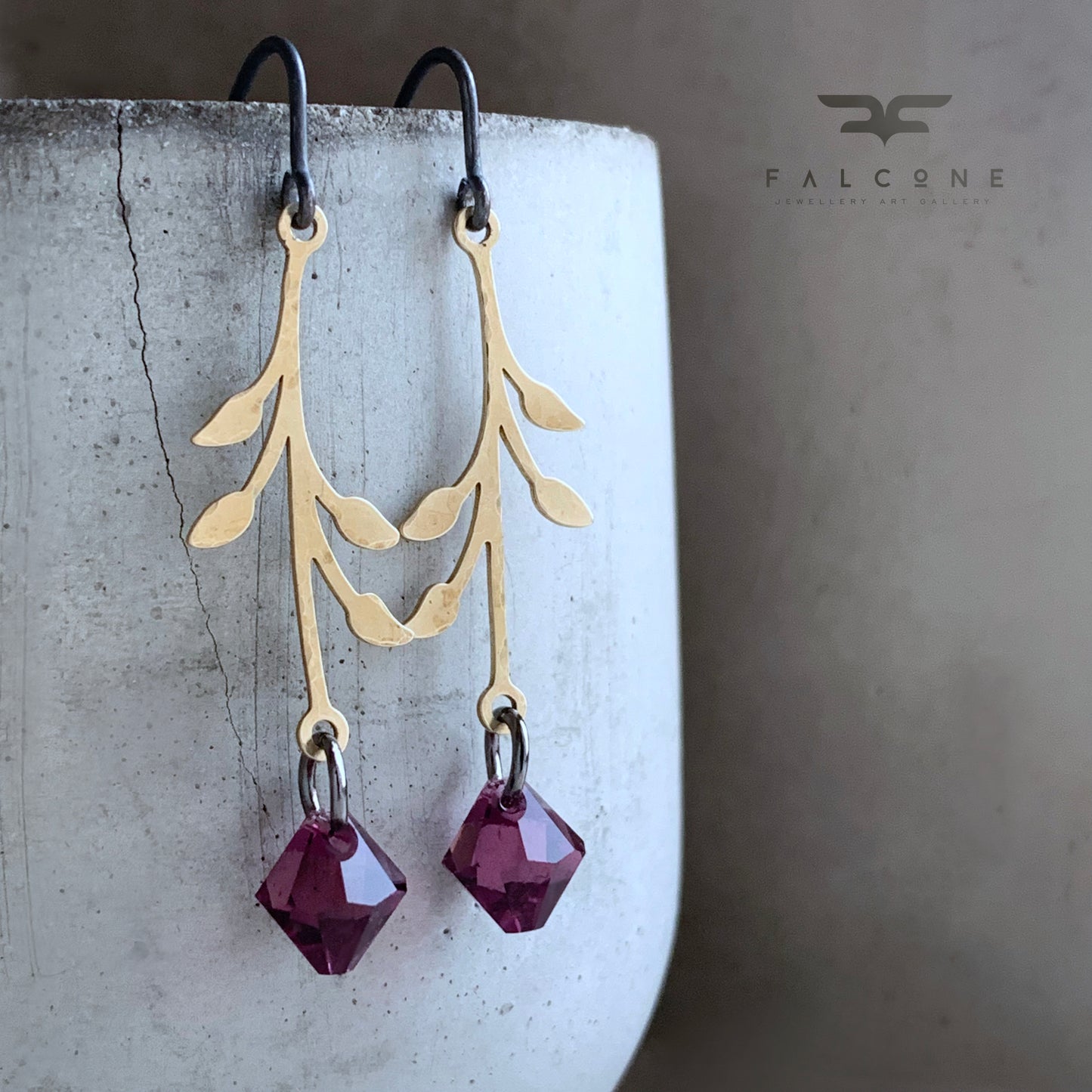 Brass, Sterling Silver and Swarovski Crystal Earrings 'Urban Rose - Purple'