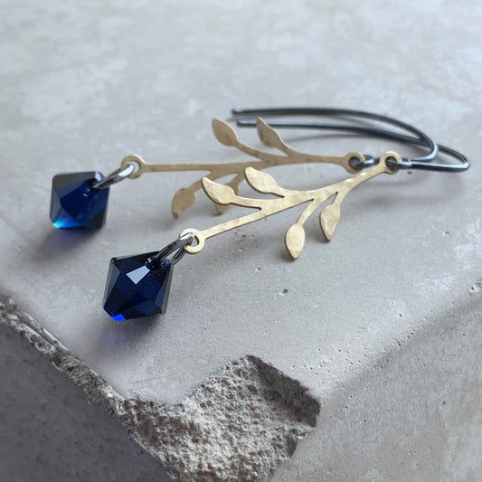 Brass, Sterling Silver and Swarovski Crystal Earrings 'Urban Rose - Dark Night'