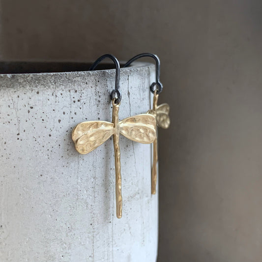 Brass and Silver Earrings 'Golden Dragonfly'