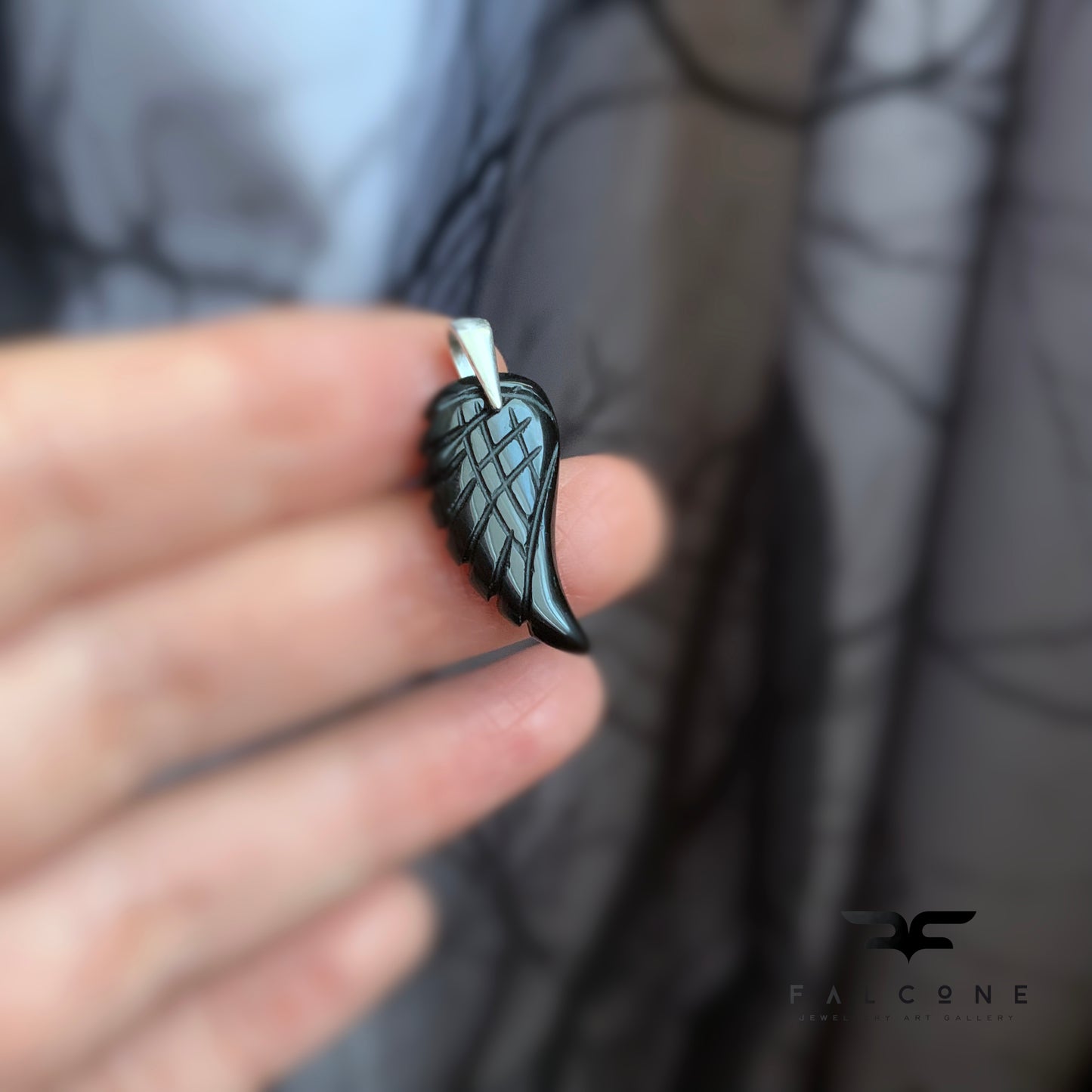 Onyx and Silver Pendant 'Onyx Wing'