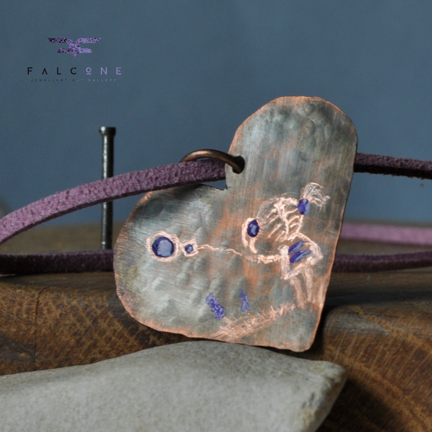 Copper pendant, engraved and enameled 'Struggling with the wind'