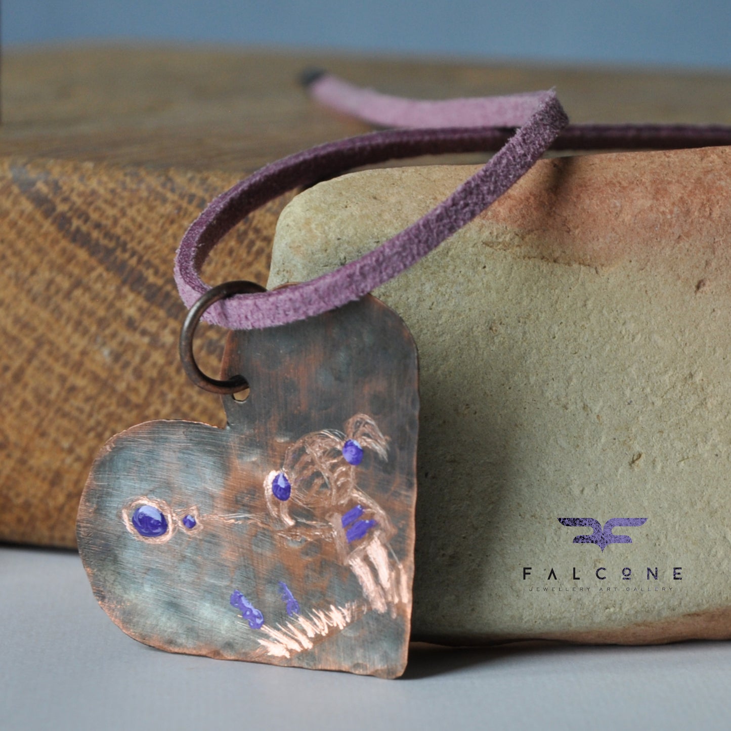 Copper pendant, engraved and enameled 'Struggling with the wind'