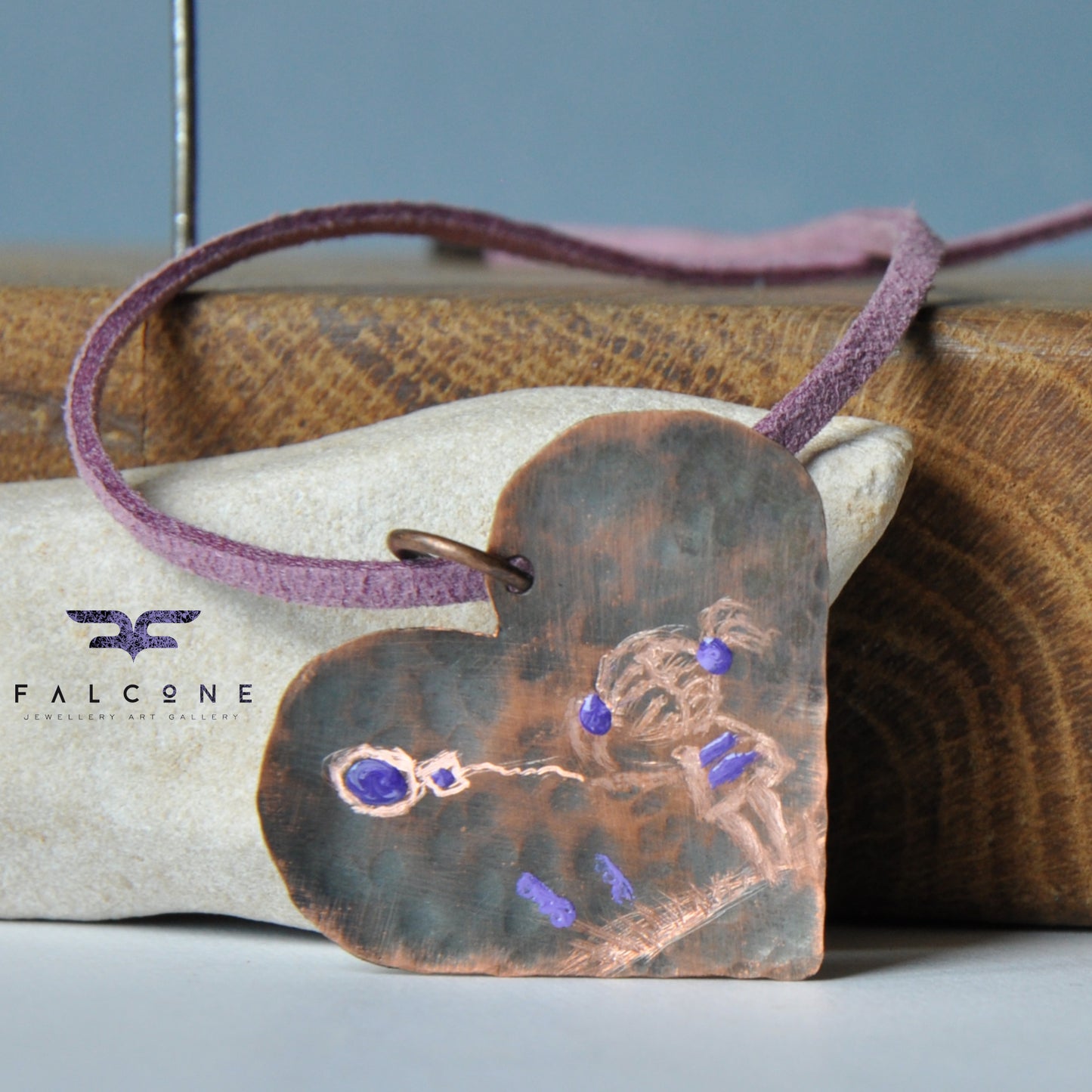 Copper pendant, engraved and enameled 'Struggling with the wind'