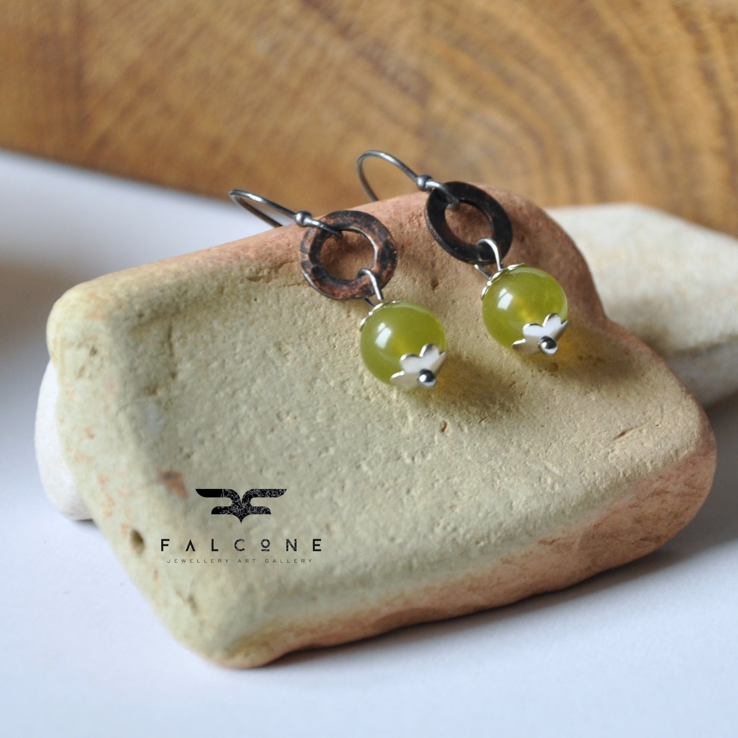 Silver earrings with jade and copper 'Green Apples'