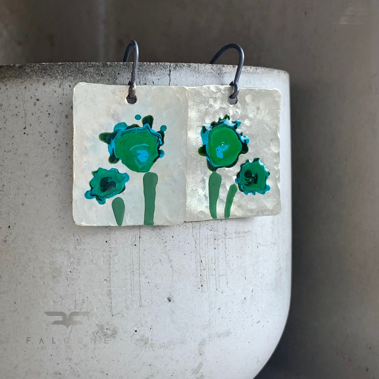 Enamel earrings of white brass - handmade unique jewelry 'Flowers in Emerald Green'