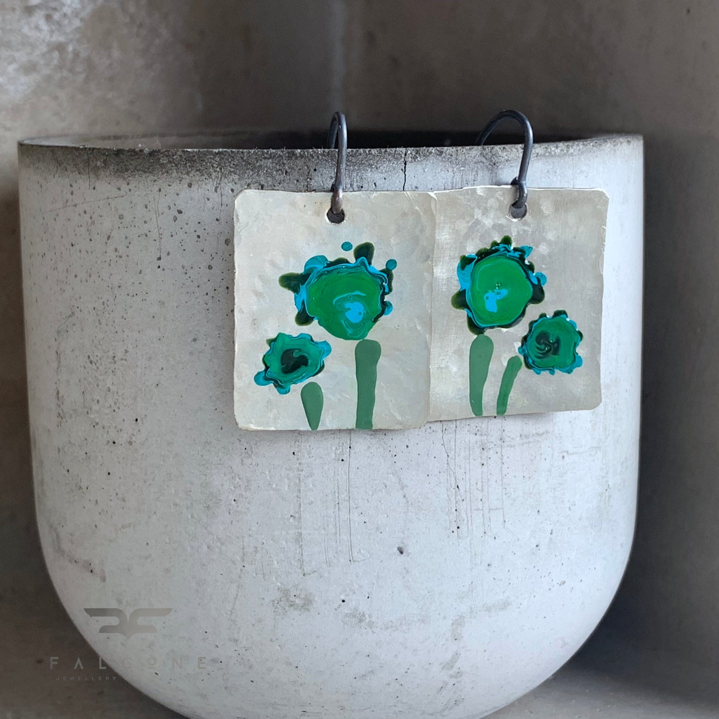 Enamel earrings of white brass - handmade unique jewelry 'Flowers in Emerald Green'