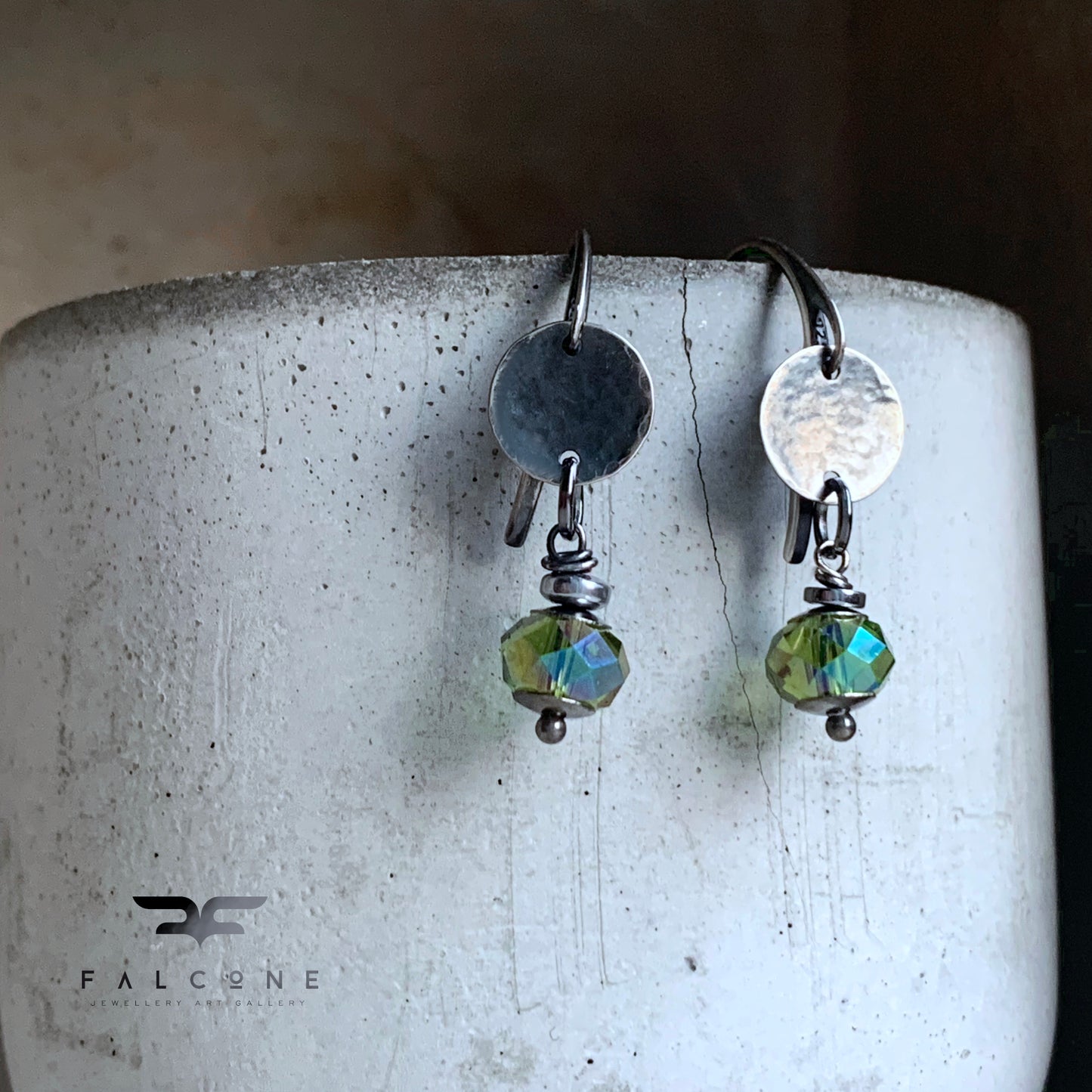 Silver and glass earrings 'Green Lanterns'