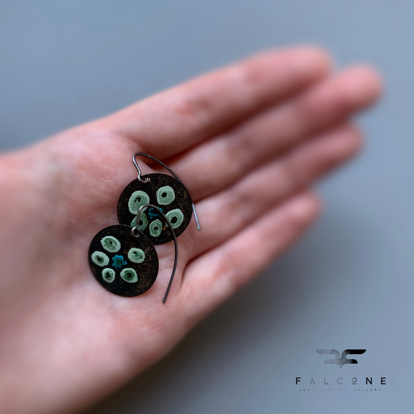 Hand-painted earrings in brass & silver 'Flowers in Green - Sophisticated Mint'