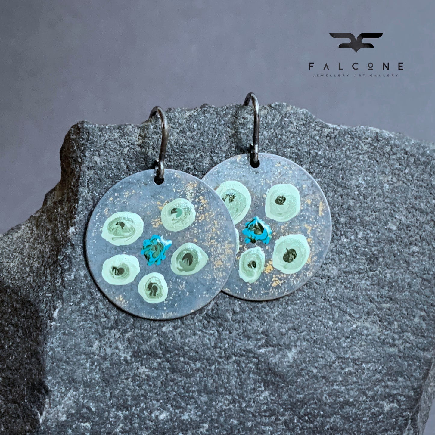 Hand-painted earrings in brass & silver 'Flowers in Green - Sophisticated Mint'