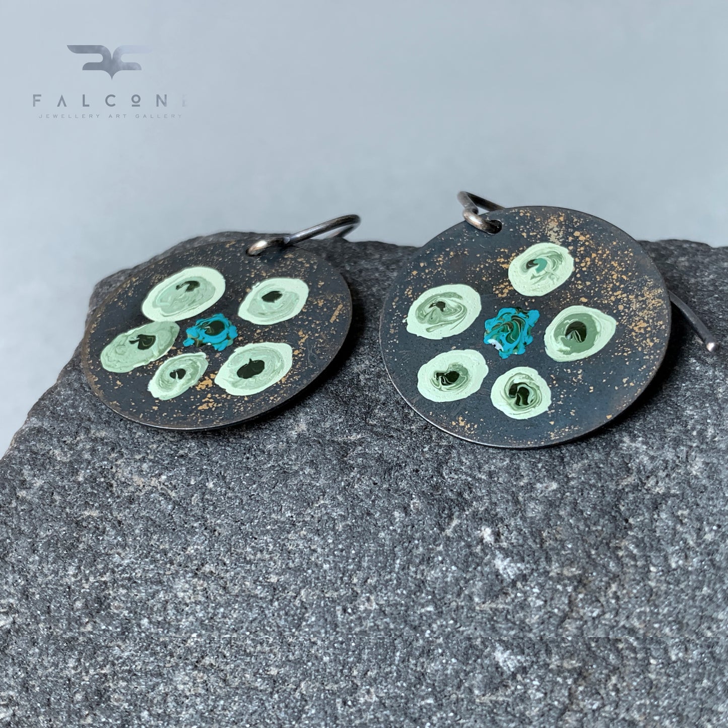 Hand-painted earrings in brass & silver 'Flowers in Green - Sophisticated Mint'