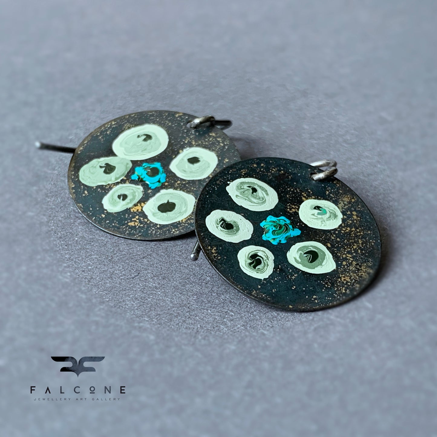 Hand-painted earrings in brass & silver 'Flowers in Green - Sophisticated Mint'