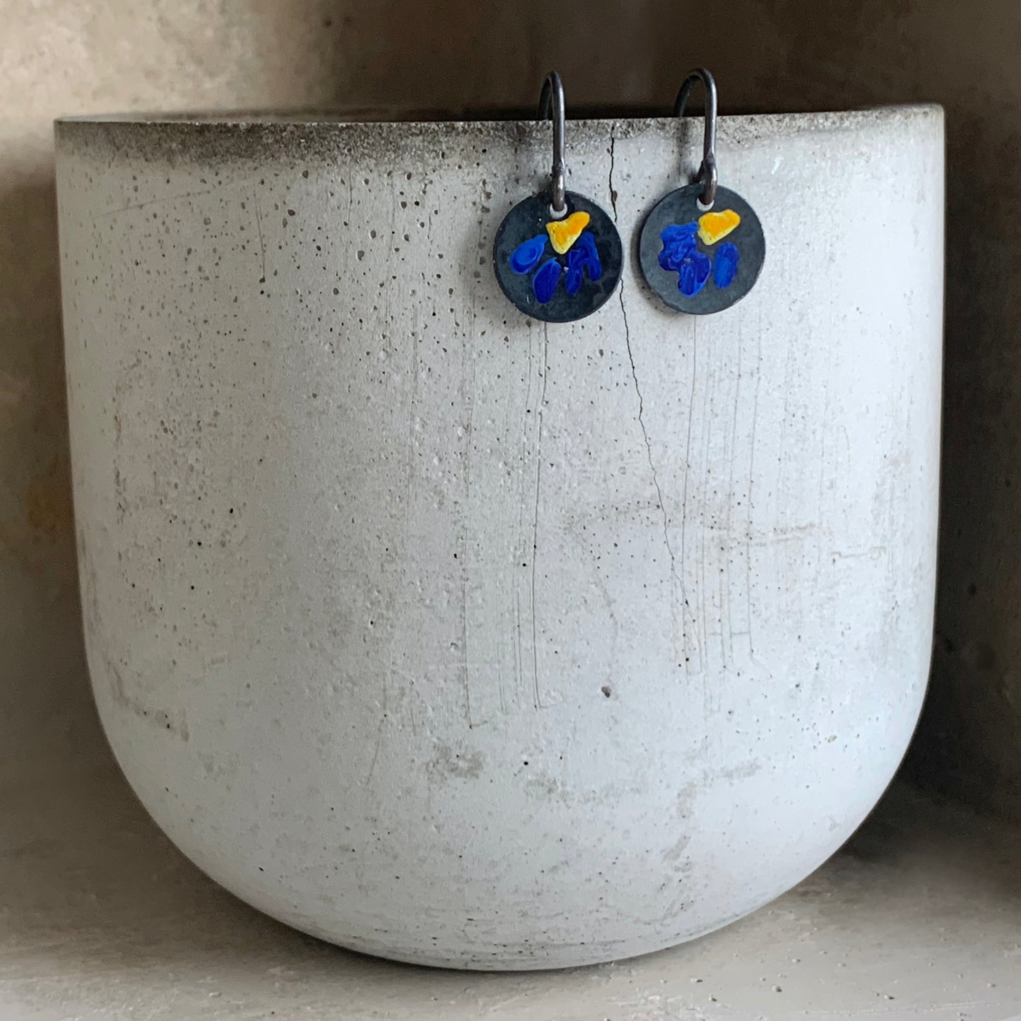 Silver Earrings with Enamel 'Field Flowers - Yellow with Sapphire'