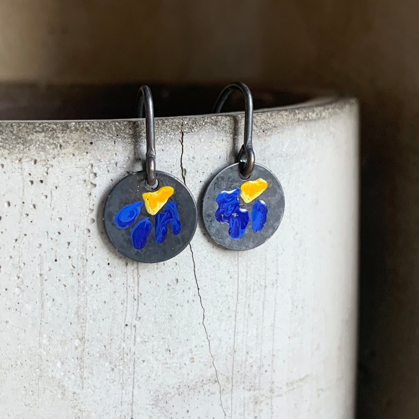 Silver Earrings with Enamel 'Field Flowers - Yellow with Sapphire'