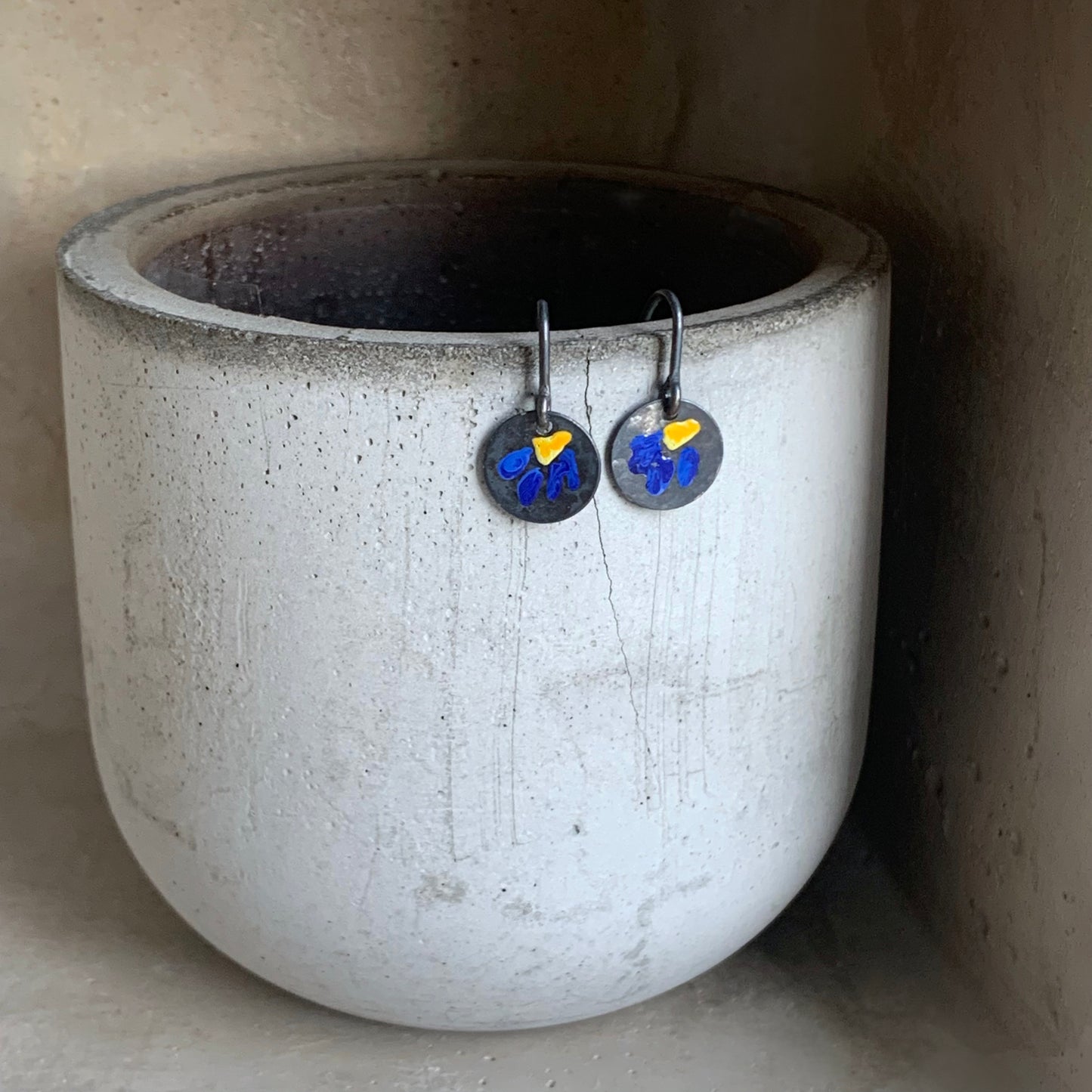 Silver Earrings with Enamel 'Field Flowers - Yellow with Sapphire'