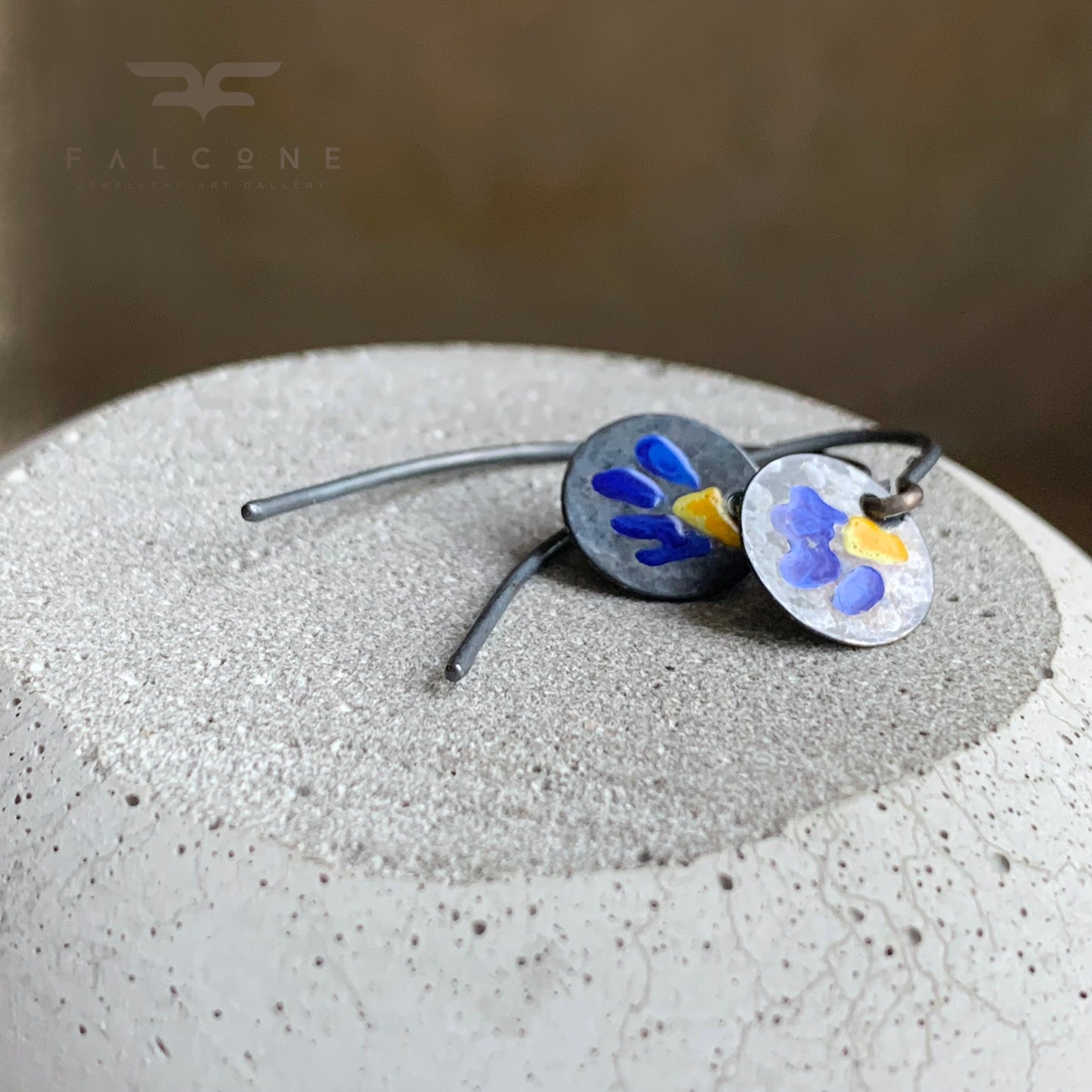 Silver Earrings with Enamel 'Field Flowers - Yellow with Sapphire'