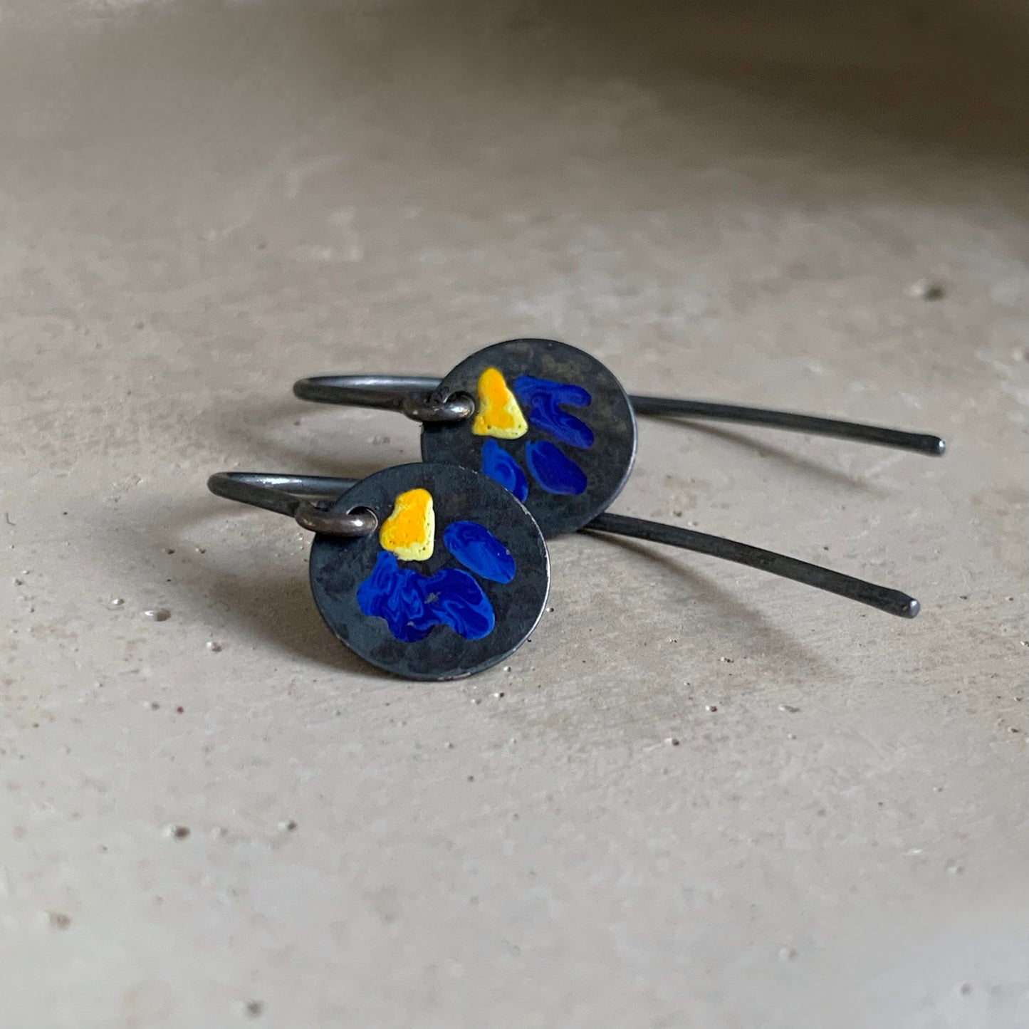 Silver Earrings with Enamel 'Field Flowers - Yellow with Sapphire'