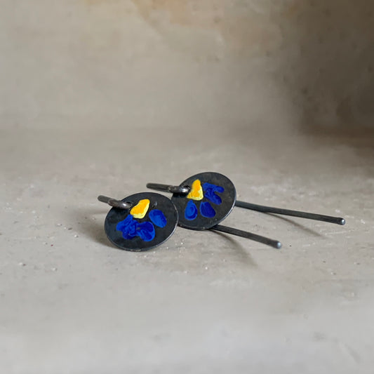 Silver Earrings with Enamel 'Field Flowers - Yellow with Sapphire'