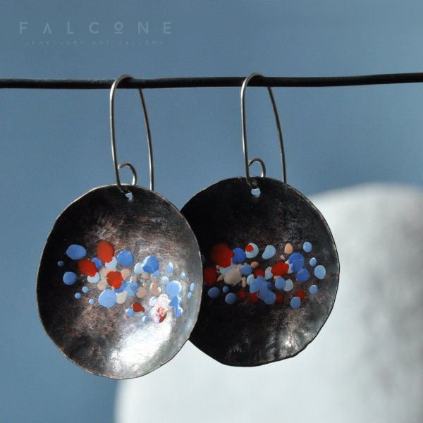 Large copper earrings - hand formed & enameled 'Roses, Poppies, Cornflowers'