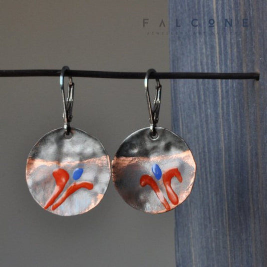 Earrings of silver and copper decorated with enamel 'Floral Impressions'